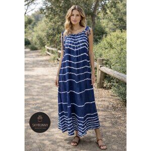Ex Voto M/L Medium Large Maxi Dress Blue Tie Dye Iris Sundress Boho Style $198